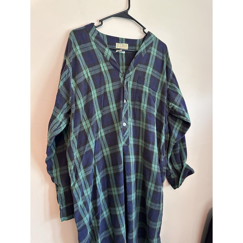 LL Bean 80s Freeport Maine Green Tartan Plaid Flannel Nightgown Sleepshirt LARGE